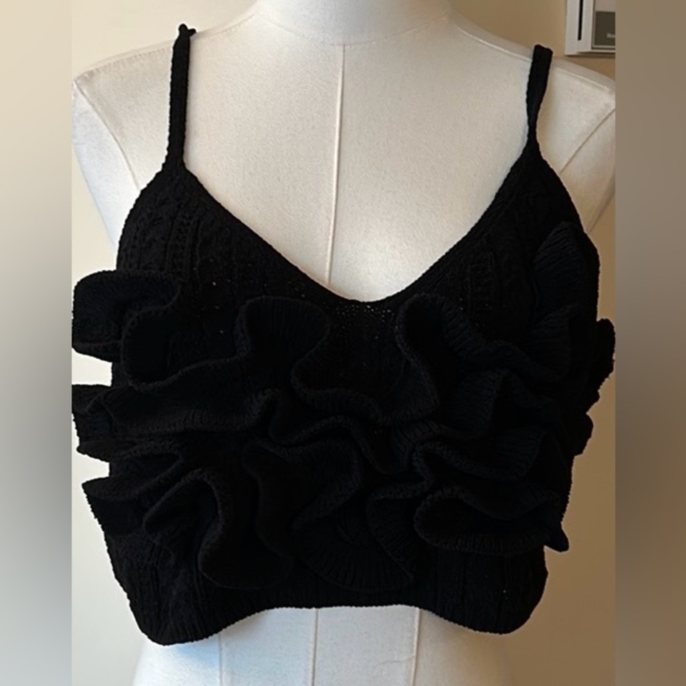 ZARA black ruffled chenille crop top size large - Picture 9 of 13